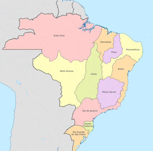 Mapa do Brasil segundo os termos acordados no Tratado de Madrid, em 1750.