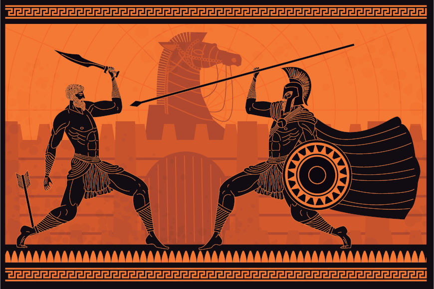 RepresentaÃ§Ã£o pictogrÃ¡fica da Guerra de Troia. No primeiro plano, dois guerreiros; no segundo, o Cavalo de Troia