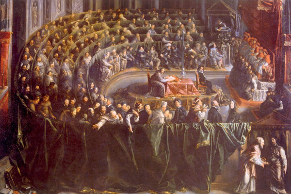 Pintura do julgamento de Galileu Galileu em Roma, em 1633.