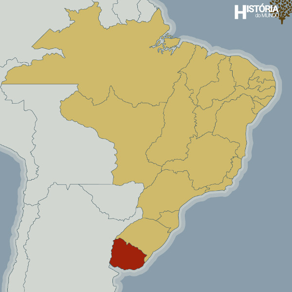  Mapa do Brasil em verde indicando em vermelho onde era a regiÃ£o da Cisplatina.