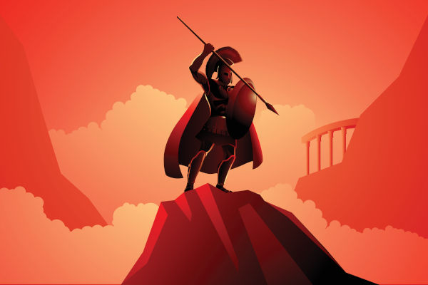 Ilustração de Ares com escudo e lança sobre um monte