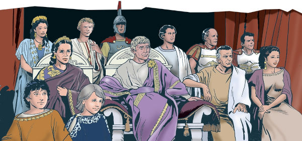 Ilustração do imperador romano Otávio em meio a várias outras pessoas.