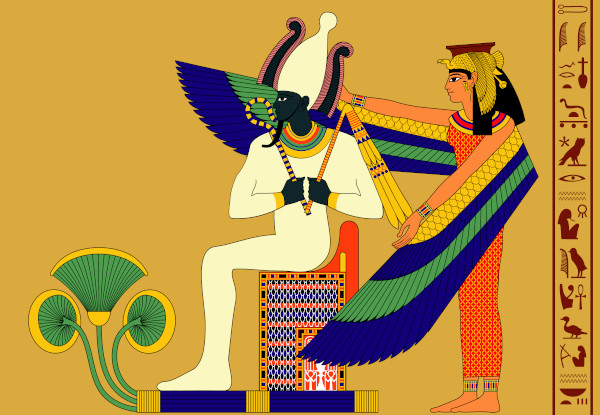 Ilustração hieroglífica de Osíris e Ísis, deuses egípcios