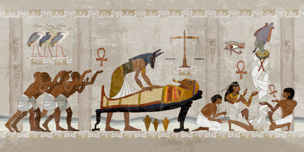 Anúbis em ilustração do Egito Antigo retratando ritual de mumificação.