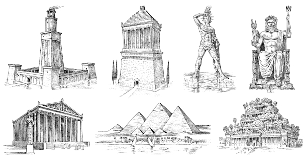 Ilustração das sete maravilhas do mundo antigo.