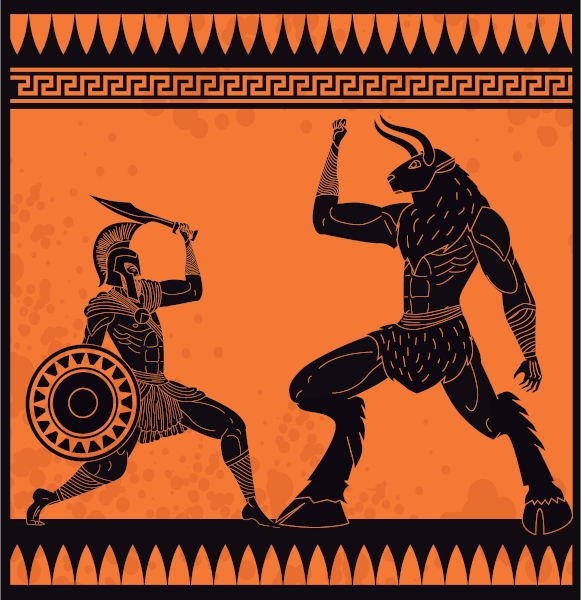 IlustraÃ§Ã£o representando a luta em que Teseu matou o Minotauro.