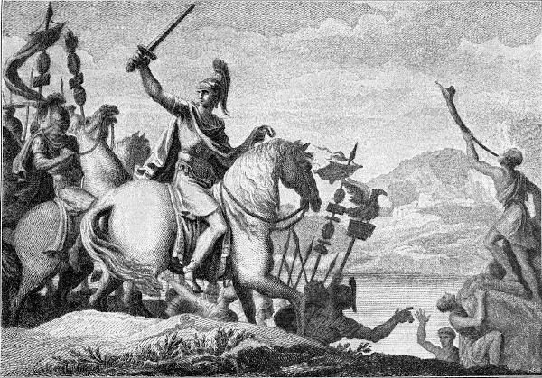Júlio César em cima de cavalo em campanha militar