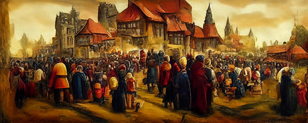 Pintura de uma cidade na Idade Média, um exemplo artístico da cultura medieval.