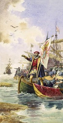 Pintura de Ernesto Casanova retrata chegada de Vasco da Gama a Calicute, na Ãndia.