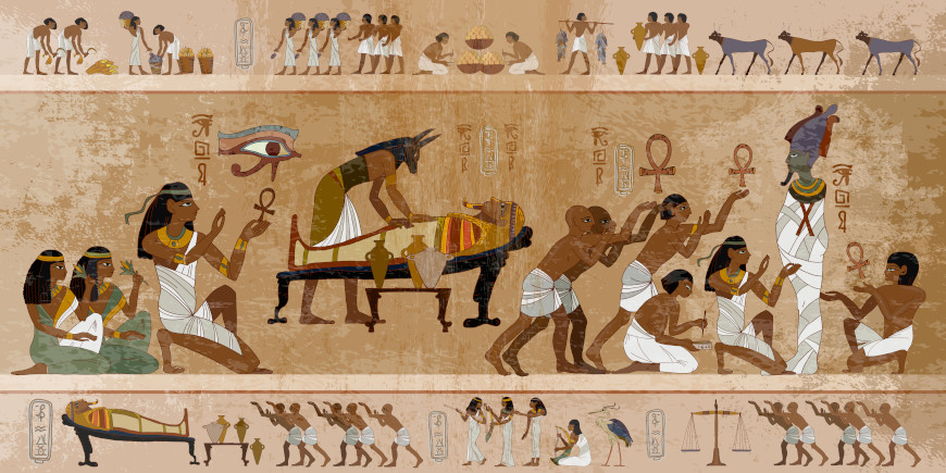 Mural com pintura representando a mumificaÃ§Ã£o de um faraÃ³, aspecto da religiosidade presente na arte egÃ­pcia.