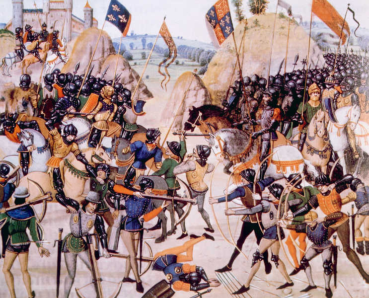 A Batalha de Crecy, quando Eduardo III, da Inglaterra, derrota Filipe VI, da FranÃ§a, no 1Âº PerÃ­odo da Guerra dos Cem anos.