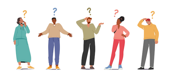 Ilustração de cinco pessoas com um ponto de interrogação sobre suas cabeças representando a ideia de curiosidade.