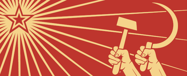 Mãos seguram martelo e foice em direção a uma estrela brilhante em fundo vermelho, em uma alusão aos símbolos do comunismo.