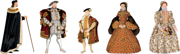 Reis e rainhas da dinastia Tudor, que pôs fim à Guerra das Duas Rosas: Henrique VII, Henrique VIII, Eduardo IV, Maria I, Elizabeth I.