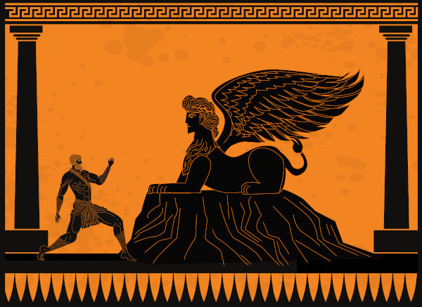 Representação de Édipo diante da esfinge, ser mitológico com corpo de leão, cabeça humana e asas.