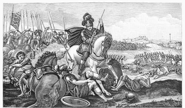 Representação do rei Henrique V na Batalha de Azincourt, França, no contexto da Guerra dos Cem Anos.