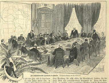 Recorte de jornal de 1884 retratando a ConferÃªncia de Berlim, que objetivou definir alguns pontos do neocolonialismo.