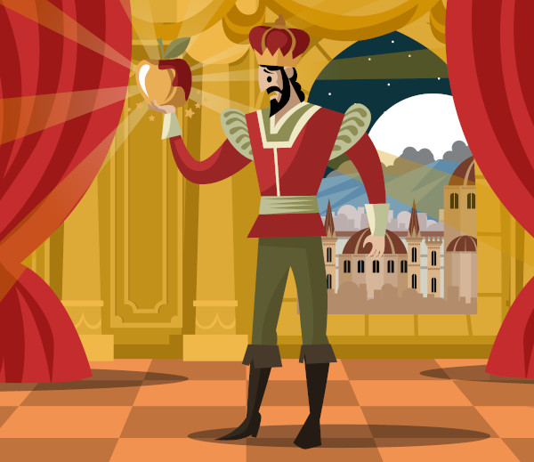 Ilustração do rei Midas em seu castelo transformando uma maçã em ouro.