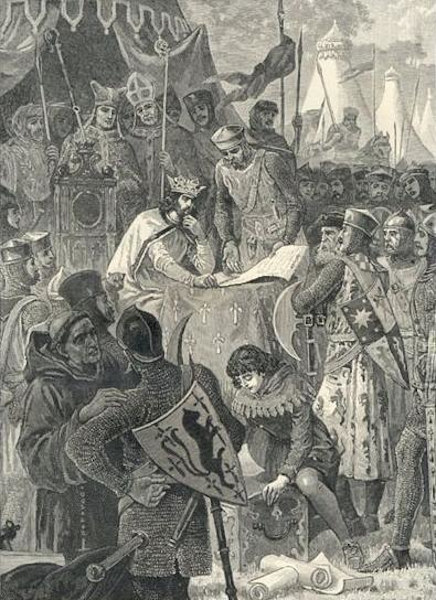 O rei JoÃ£o Sem-Terra assinando a Carta Magna Inglesa, a primeira ConstituiÃ§Ã£o da histÃ³ria.