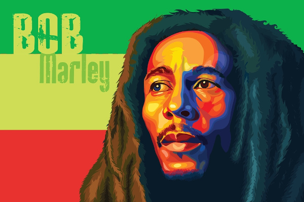 Ilustração do rosto de Bob Marley com as cores da bandeira da Jamaica ao fundo.