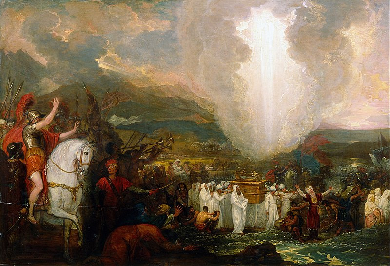  Pintura retratando os hebreus atravessando o rio JordÃ£o; no centro, a arca da alianÃ§a sendo levada pelos levitas.