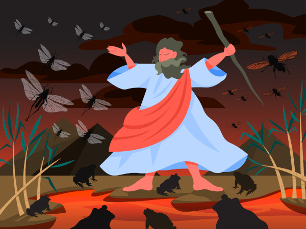 Ilustração de Moisés erguendo um cajado, cercado por algumas das pragas do Egito, como rãs,  gafanhotos e o sangue no Nilo.