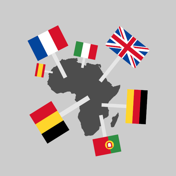 IlustraÃ§Ã£o do mapa do continente africano com bandeiras de naÃ§Ãµes europeias fixadas nele, representando o imperialismo.