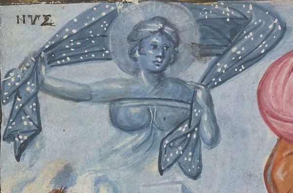 Pintura de uma mulher com um halo ao redor da cabeça, segurando um véu pontilhado, uma representação da deusa Nix.