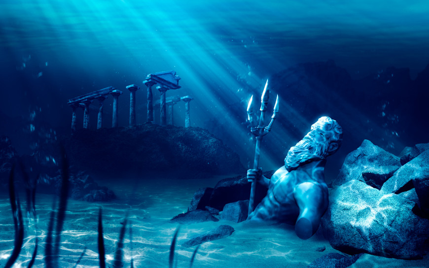  IlustraÃ§Ã£o 3D de um templo e da estÃ¡tua de Poseidon no fundo do oceano, no que seriam as ruÃ­nas de AtlÃ¢ntida.