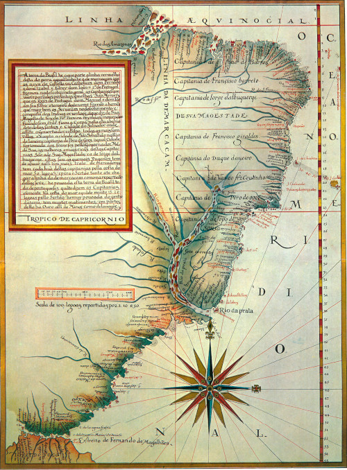 Mapa das capitanias hereditÃ¡rias elaborado pelo cartÃ³grafo portuguÃªs LuÃ­s Teixeira (1586).