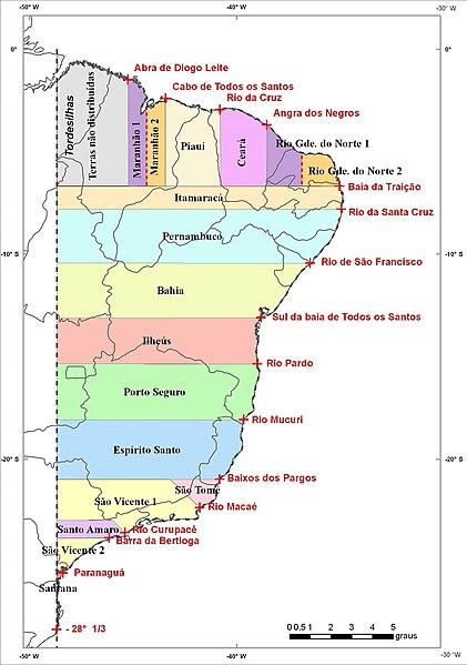  Mapa das capitanias hereditÃ¡rias elaborado pelo professor universitÃ¡rio Jorge Pimentel Cintra (2013).