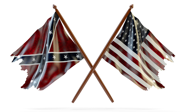 Bandeiras dos Confederados e da União representando Sul e Norte dos Estados Unidos, na Guerra de Secessão.