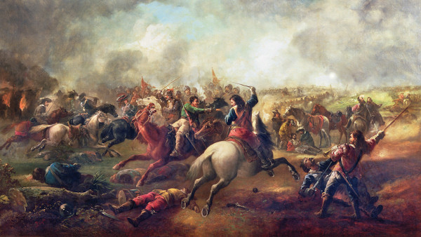 Quadro “A Batalha de Marston Moor”, de John Baker, retratando um dos conflitos da Revolução Puritana (1640-1660).