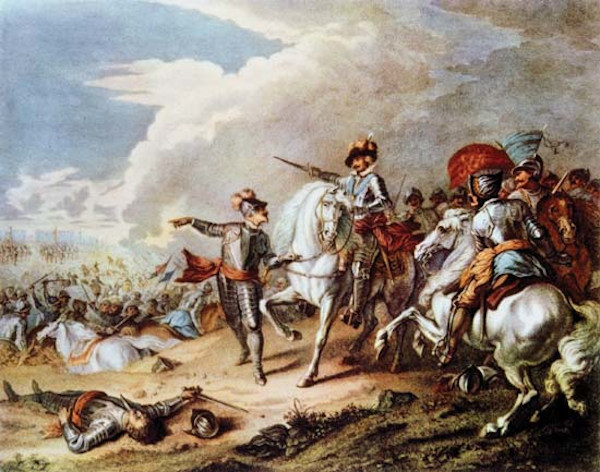 Pintura â€œA Batalha de Nasebyâ€ retratando uma das principais batalhas da RevoluÃ§Ã£o Puritana.