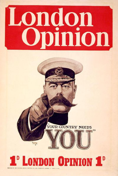 Cartaz mostra lord Kitchener conclamando a se alistar para a Primeira Guerra Mundial.