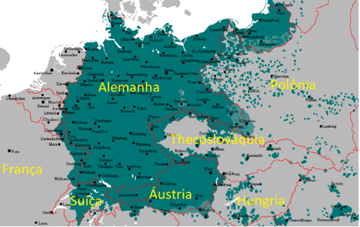 Mapa com as populaÃ§Ãµes de origem alemÃ£ na Europa central antes da Segunda Guerra Mundial, influenciada pelo pangermanismo.