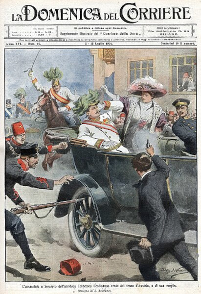 RepresentaÃ§Ã£o do Atentado de Sarajevo, quando Gavrilo atira em Sofia e Ferdinando. Capa de um jornal italiano de 12/07/1914.