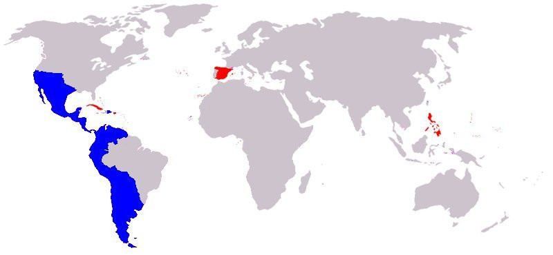 Mapa da colonizaÃ§Ã£o espanhola na AmÃ©rica e em outros continentes.