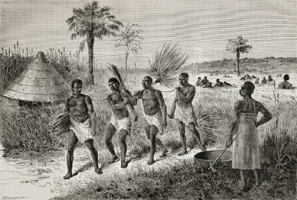 Escravidão na África retratada em uma gravura.