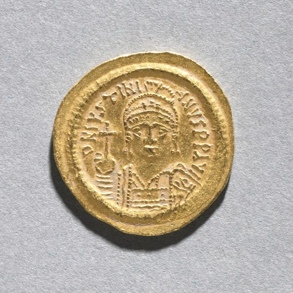Moeda de ouro produzida entre 545 d.C. e 565 d.C., quando Justiniano governava o ImpÃ©rio Bizantino.