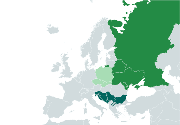 Mapa com atuais países de língua eslava na Europa.