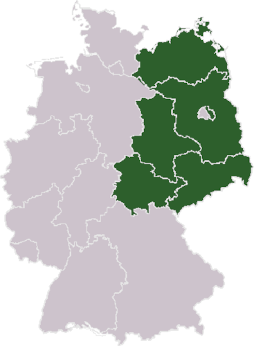 Mapa mostrando a Alemanha Oriental e a Berlim Oriental, cuja reunificação da Alemanha as integrou ao território alemão.