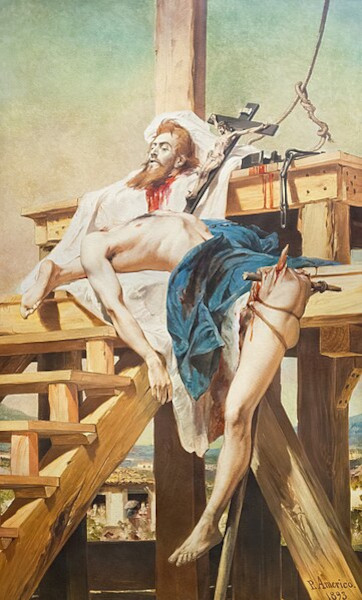 Obra mostrando Tiradentes, importante nome da InconfidÃªncia Mineira, retratado de forma parecida com Jesus Cristo.
