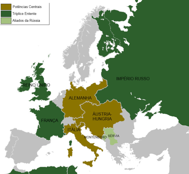 Mapa mostrando os paÃ­ses integrantes da TrÃ­plice Entente e da TrÃ­plice AlianÃ§a.