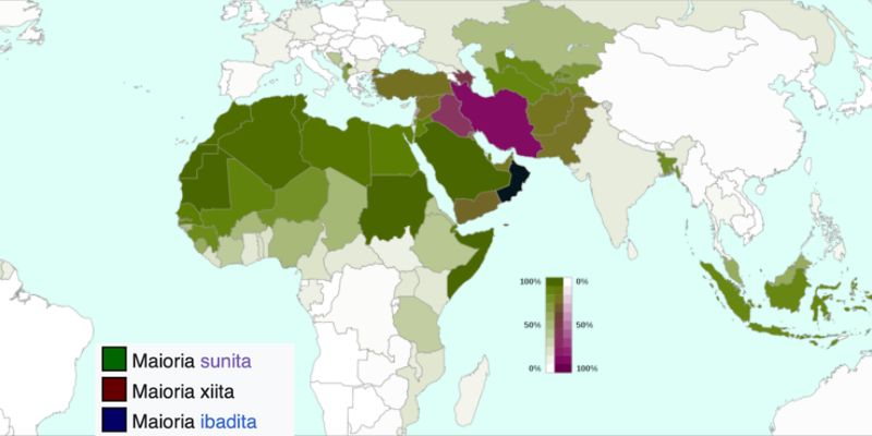 Mapa com a localizaÃ§Ã£o dos Xiitas e Sunitas.