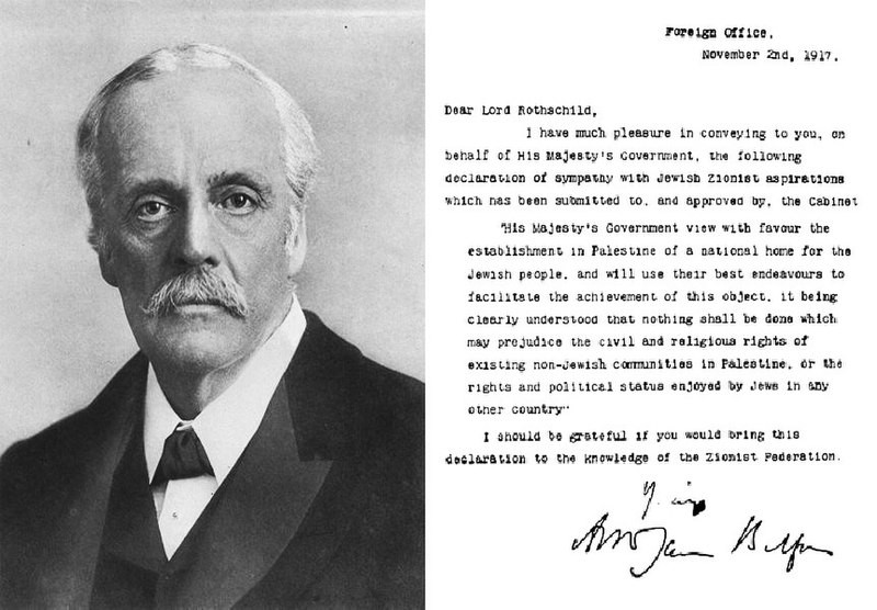 Arthur Balfour ao lado da DeclaraÃ§Ã£o Balfour, uma das causas do conflito entre Israel e Palestina.