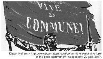 IlustraÃ§Ã£o traz homem segurando cartaz, no qual se lÃª: â€œVive la Commune!â€.