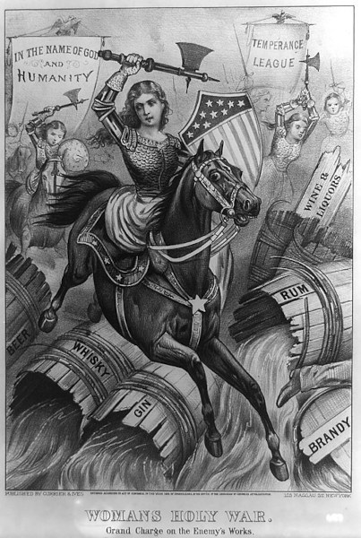 No cartaz, mulheres do movimento pela temperanÃ§a, que deu origem Ã  Lei Seca nos Estados Unidos, destroem barris de bebidas.