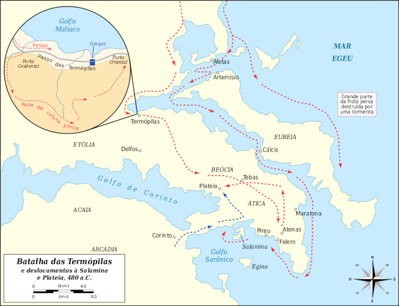 Mapa mostra caminho estratÃ©gico do exÃ©rcito grego na Batalha de TermÃ³pilas.