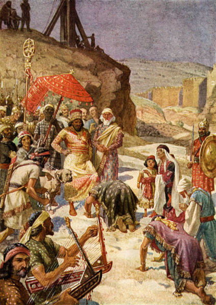 SubmissÃ£o do rei Joaquim a Nabucodonosor II antes de ser levado cativo, fato que inaugurou o Cativeiro da BabilÃ´nia.